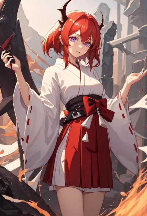 best quality, masterpiece, highres, solo, (surtr_arknights:1.10), (white kimono:1.35), (red hakama:1.35), (wide sleeves:1.20), 24 <lora:surtr_arknights:0.80>