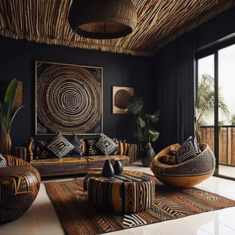 <lyco:African_style_interior_design_Sa_May:1.0> :African style interior design, hyper realistic songhai decor living room