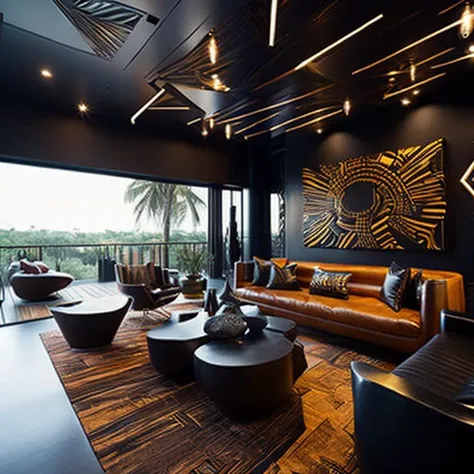 <lyco:African_style_interior_design_Sa_May:1.0> Mancave, Afrofuturist architectural theme, obsidian floors, complementary and tertiary colors, rich, warm furniture, African wall photography, natural fibers, woods, leathers, spacious, open, luxurious, tactile, extremely expensive, 16k, photographic, award-winning, Architectural Digest