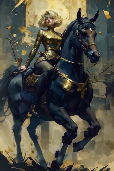 (masterpiece, best quality, ultra-detailed:1.2), 1girl, curvy, g0ld3mb, gold, full body, short blonde hair, laced hair, riding a horse <lora:tools/epiNoiseoffset_v2> <lora:styles/freckledvixon_gold_leaf_style_v1.0:0.9>