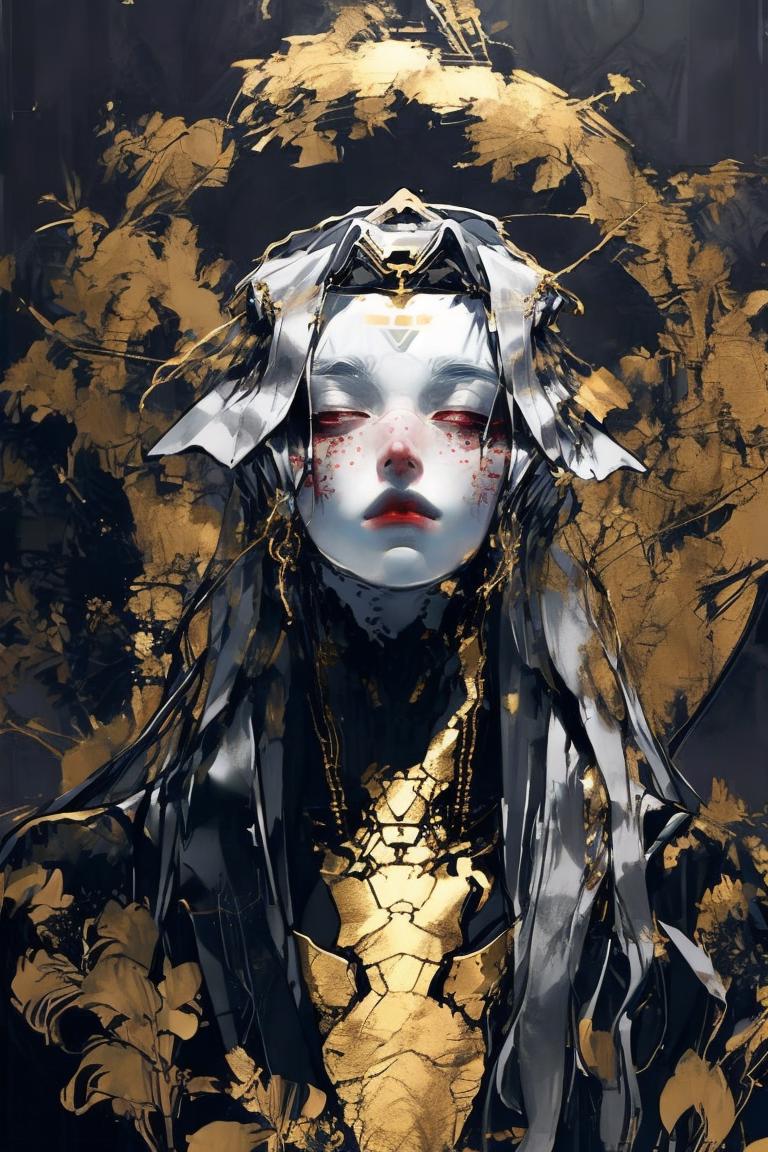 A painting of a woman with a black and gold dress and a crown - SeaArt AI