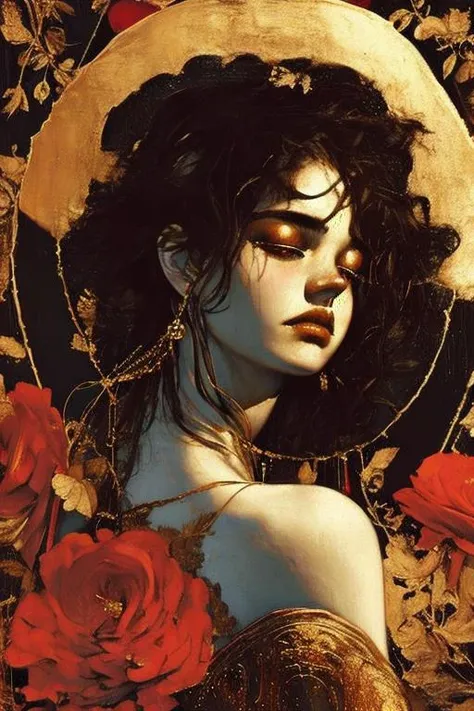 <lora:g0ld3mb:1.01> g0ld3mb, renaissance portrait with gold inlay, 1girl, cinematic still, wallpaper, 32k uhd, hdr, a wistful woman pondering on a couch, portrait, gothic, [[by alphone mucha, by gustav klimt,]] ((((thicc)))) <lora:LifeImitatesArt:0.1> <lora:GilElvgren:0.1> <lora:yushuang:0.1>