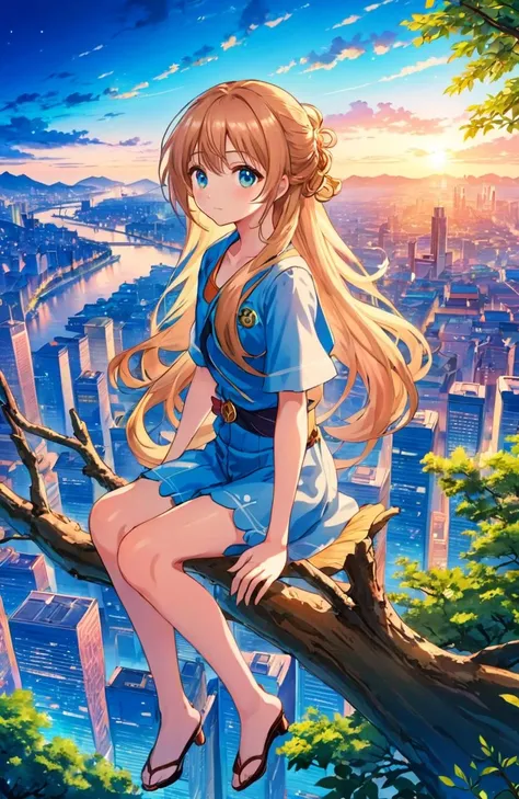 anime artwork,1girl sits gracefully on a tree branch high above a bustling cityscape, Her long  flowing hair, . studio anime,  vignette, highly detailed, high budget,  moody, epic, gorgeous, anime style, key visual, vibrant, Professional, Vibrant colors, Bright colors, eye-catching, surreal, High dynamic range, vivid, rich details, clear shadows and highlights, intense, enhanced contrast