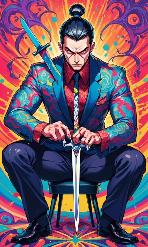 Psychedelic style A well-dressed man with a slicked-back hairstyle holds a pair of scissors, ready to use them, His serious expression shows determination as he squats down, looking directly at the viewer, Surrounding him is a black and white illustration of a man with a bloody sword, The detailed sword is accentuated by its sheath on the man's side,, . Vibrant colors, swirling patterns, abstract forms, surreal, trippy