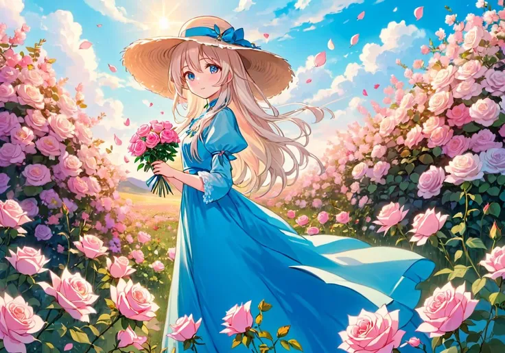 anime artwork,A young girl with long, flowing white hair and a beautiful blue dress stands in a field of vibrant flowers, Holding a bouquet of delicate pink roses, she gazing around herself at the world of nature that surrounds her, Her eyes shine with wonder as she breathes in the fresh air, Surrounded by a pastel-colored backdrop, she appears to be in a dreamlike world filled with love and romance, Wearing a large hat adorned with flowers, she exudes elegance and grace as she gently moves among the blossoms,, . studio anime,  vignette, highly detailed, high budget,  moody, epic, gorgeous, anime style, key visual, vibrant, Professional, Vibrant colors, Bright colors, eye-catching, surreal, High dynamic range, vivid, rich details, clear shadows and highlights, intense, enhanced contrast