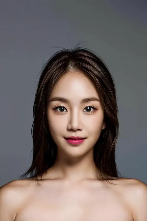 (masterpiece, top quality, best quality, (close-up photograph: 2), ((1girl)), fair skin, (((closed lips))), (extremely detailed face), looking straight, ultra-detailed eyes and pupils, ((bare pectorals)), ((bare chest)), bare head, nude dress, (((bare shoulders))), symmetrical frame, ((strapless)), (((smile))), ((symmetrical pose)), looking at viewer, (((looking at viewer))), ((symmetrical face: 1.6)), 35mm, simple grey background, ((studio lighting)), no watermark, ((brown hair)), <lora:soyoulorashy:1>