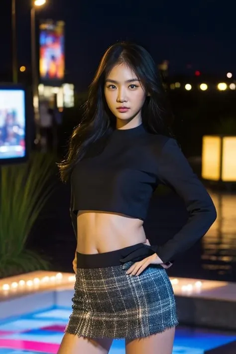 Fujifilm XT3, 8k,close up photo, masterpiece, best quality, (((1girl))), tall figure, solo,realistic, ((looking at viewer)), photorealistic, (extremely detailed face), looking at viewer, ultra-detailed eyes and pupils, ultra detailed, serious expression, standing against a city skyline at night, cropped top,shirts, Suit skirt, ((navel)), <lora:soyoulorashy:1>