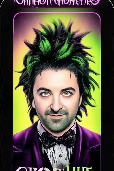 tarot card, 80s movie poster, Alex Brightman as Beetlejuice, male_focus ,wild neon green hair , trending on artstation,  rim lighting, octane rende,r frost engine 3 ,deetz1