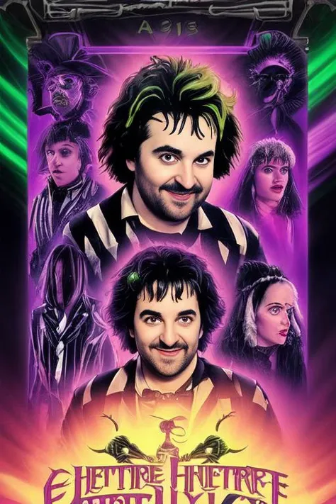 tarot card, 80s movie poster, Alex Brightman as Beetlejuice, male_focus ,wild neon green hair , trending on artstation,  rim lighting, octane rende,r frost engine 3 ,deetz1