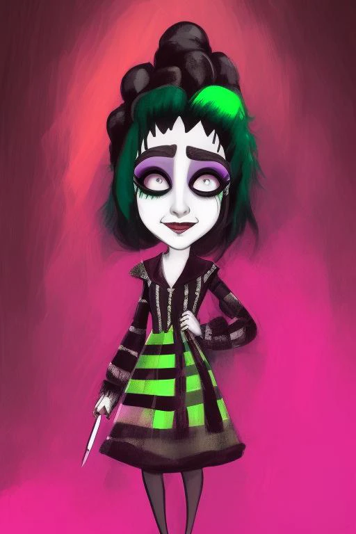 1girl, portrait, Lydia Deetz, Elizabeth Teeter in Beetlejuice,wild neon green hair , trending on artstation, rim lighting, octane rende,r frost engine 3 ,deetz1