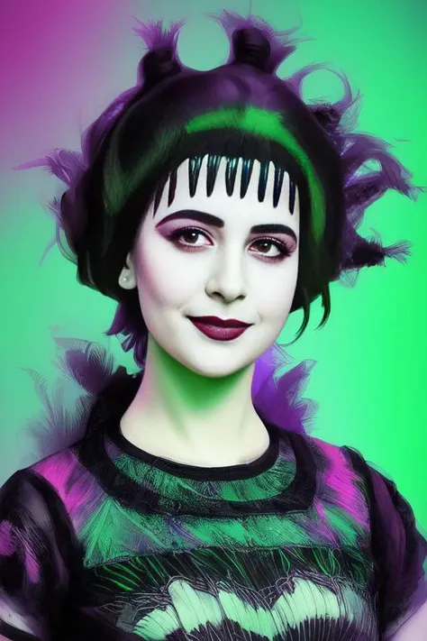 1girl, portrait, Lydia  Deetz, Elizabeth Teeter in Beetlejuice,wild neon green hair , trending on artstation,  rim lighting, octane rende,r frost engine 3 ,deetz1