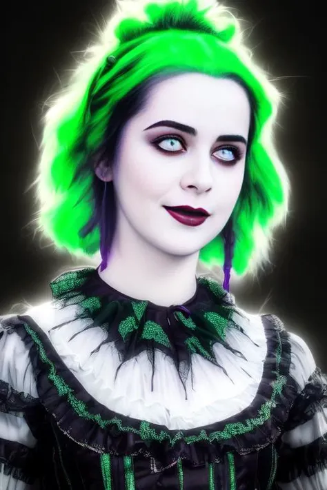 1girl, portrait, Lydia  Deetz, Elizabeth Teeter in Beetlejuice,wild neon green hair , trending on artstation,  rim lighting, octane rende,r frost engine 3 ,deetz1