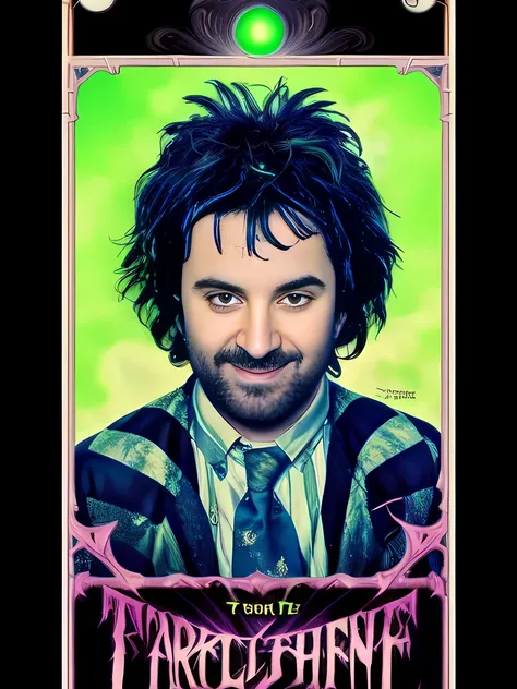 tarot card, 80s movie poster, Alex Brightman as Beetlejuice, male_focus ,green hair , trending on artstation,  rim lighting, octane rende,r frost engine 3 ,deetz1