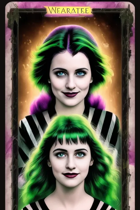 1girl, portrait, tarot card, 80s movie poster, Lydia  Deetz, Elizabeth Teeter in Beetlejuice,wild neon green hair , trending on artstation,  rim lighting, octane rende,r frost engine 3 ,deetz1