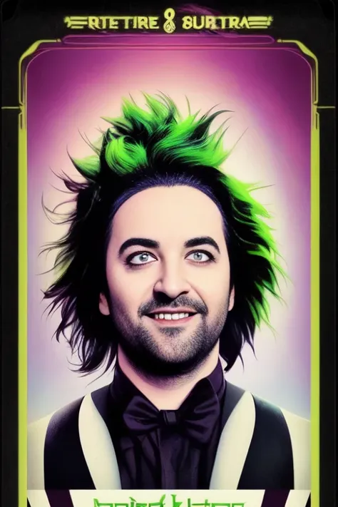 tarot card, 80s movie poster, Alex Brightman as Beetlejuice, male_focus ,wild neon green hair , trending on artstation,  rim lighting, octane rende,r frost engine 3 ,deetz1