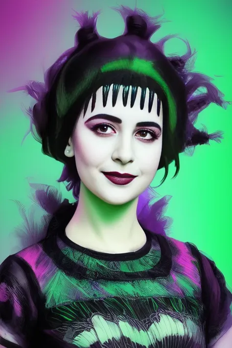 1girl, portrait, Lydia  Deetz, Elizabeth Teeter in Beetlejuice,wild neon green hair , trending on artstation,  rim lighting, octane rende,r frost engine 3 ,deetz1