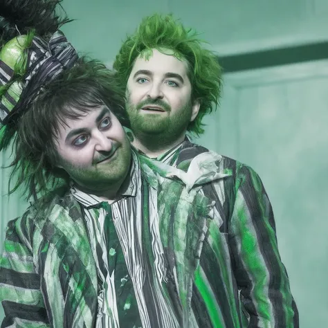 extremely realistic Portrait of Beetlejuice portrayed by Alex brightman green hair photographic realism rim lighting deetz1
