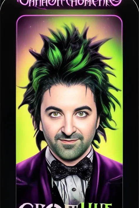 tarot card, 80s movie poster, Alex Brightman as Beetlejuice, male_focus ,wild neon green hair , trending on artstation,  rim lighting, octane rende,r frost engine 3 ,deetz1