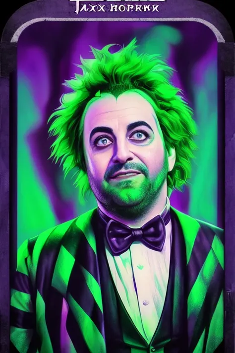 tarot card, 80s movie poster, Alex Brightman as Beetlejuice, male_focus ,wild neon green hair , trending on artstation,  rim lighting, octane rende,r frost engine 3 ,deetz1