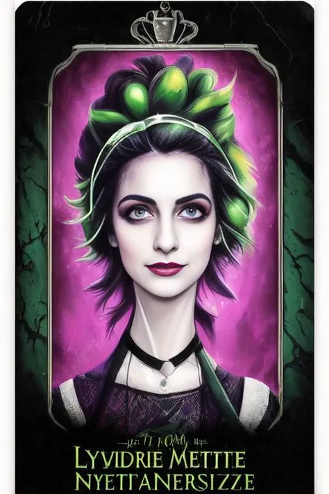 1girl, portrait, tarot card, 80s movie poster, Lydia  Deetz, Elizabeth Teeter in Beetlejuice,wild neon green hair , trending on artstation,  rim lighting, octane rende,r frost engine 3 ,deetz1