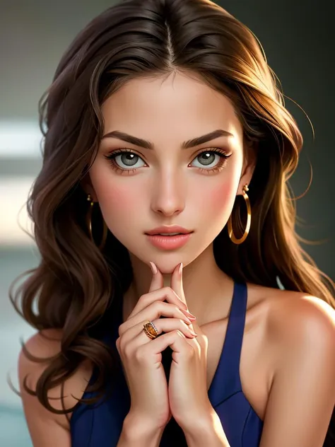 Realistic photo of a beautiful d4r14sh woman, 1girl, solo, long hair, looking at viewer, brown hair, jewelry, earrings, solo focus, lips, holding hands, pov, ring, realistic, professional Photography, Photorealistic, detailed, RAW, analog, sharp focus, 8k, HD, DSLR, high quality, Fujifilm XT3, film grain, award winning, masterpiece<lora:d4r14sh:1.0>