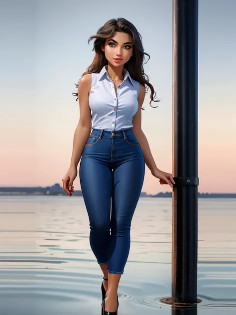 Realistic photo of a beautiful d4r14sh woman, 1girl, solo, long hair, breasts, looking at viewer, blue eyes, shirt, black hair, medium breasts, standing, shoes, sleeveless, pants, high heels, lips, sleeveless shirt, denim, reflection, jeans, realistic, blue pants, professional Photography, Photorealistic, detailed, RAW, analog, sharp focus, 8k, HD, DSLR, high quality, Fujifilm XT3, film grain, award winning, masterpiece<lora:d4r14sh:1.0>