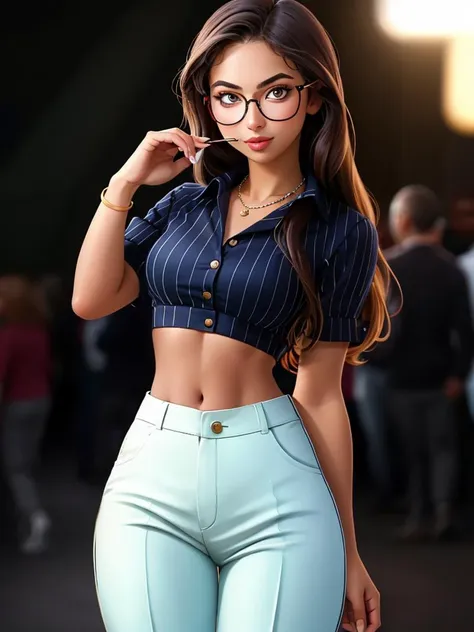 Realistic photo of a beautiful d4r14sh woman, 1girl, solo, long hair, breasts, looking at viewer, brown hair, shirt, jewelry, medium breasts, standing, glasses, midriff, striped, pants, dark skin, necklace, blurry, dark-skinned female, crop top, blurry background, realistic, white pants, round eyewear, adjusting eyewear, striped pants, high-waist pants, professional Photography, Photorealistic, detailed, RAW, analog, sharp focus, 8k, HD, DSLR, high quality, Fujifilm XT3, film grain, award winning, masterpiece<lora:d4r14sh:1.0>