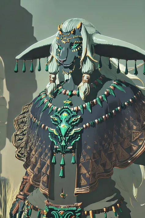 (masterpiece, best quality, ultra-detailed, best shadow),(western style:0.5), (realistic:1.2), analog style, (fibonacci), (detailed background, (full body), wide shot, temple, smiling, standing, looking at viewer, facing viewer, outdoors, sky), (detailed face), (best illumination), ((cinematic light)), colorful, hyper detail, dramatic light, intricate details, (1boy, (rauru), furry male, black skin, white hair, long hair, green eyes), <lora:rauru-12:1>