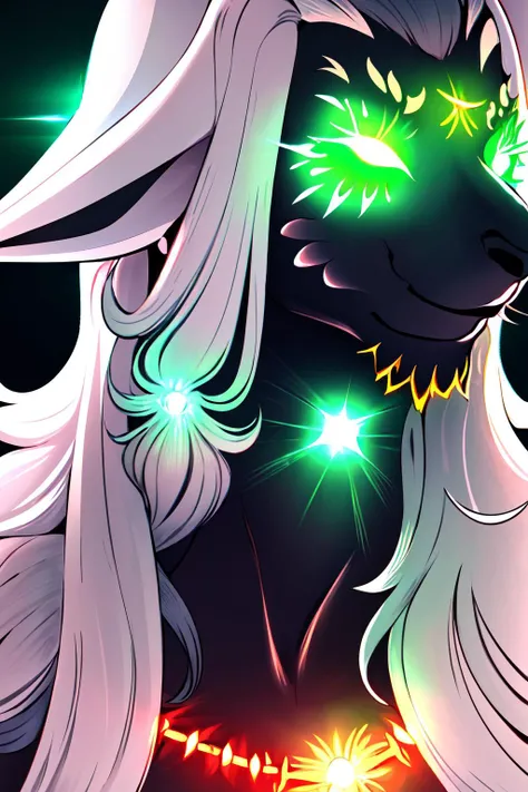 Highly detailed, High Quality, Masterpiece, beautiful, rauru, 1boy, furry male, black skin, long hair, green eyes, white hair, <lora:Char_Zelda_Rauru:0.7>, (Glowing Eyes Meme:1.2), glowing eyes, glowing, epic, <lora:Pos_GlowingRedEyesMeme:0.8>