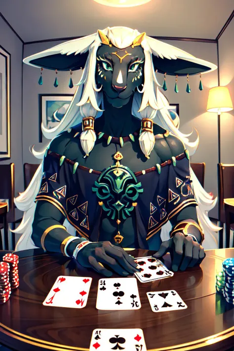 Highly detailed, High Quality, Masterpiece, beautiful, rauru, 1boy, furry male, black skin, long hair, green eyes, <lora:Char_Zelda_Rauru:0.7>, PlayingCards, <lora:PlayingCards:0.4>, solo, holding, card, table, holding card, sitting, indoors, playing card, pov across table, light smile, closed mouth, looking at viewer