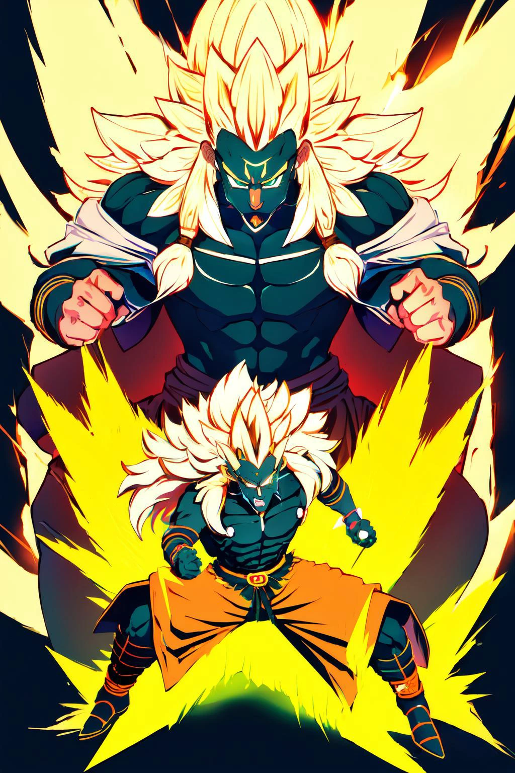 Highly detailed, High Quality, Masterpiece, beautiful, rauru, 1boy, furry male, black skin, long hair, green eyes, <lora:Char_Zelda_Rauru:0.8>, SuperSaiyan, blonde hair, super saiyan, spiked hair, aura, electricity, long hair, <lora:Pos_SuperSaiyan:0.5>, Ki Charge, aura, fighting stance, yellow aura, <lora:Pos_DBAura:0.4>