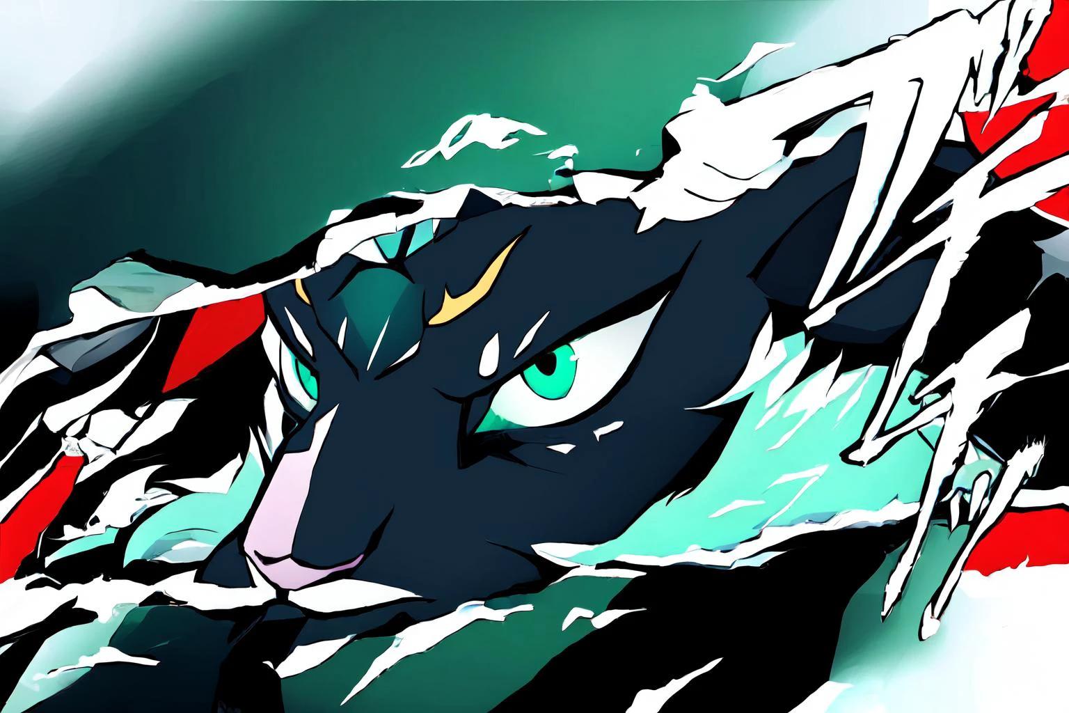 Highly detailed, High Quality, Masterpiece, beautiful, rauru, 1boy, furry male, black skin, long hair, green eyes, <lora:Char_Zelda_Rauru:0.7>,, Persona Cut In, <lora:Style_PersonaCutIn:1>