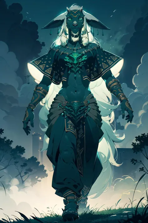 official art, imposing, 1boy, solo, (rauru), from below, furry male, anthro goat, black skin, white hair, long hair, green eyes, big ears, full body shot, (highly detailed:1.2), black and green tones, deep shadows, complex lighting, (intricate details:1.2), absurdres, (atmosphere), coherent, dark clouds, (realistic), plains of chaos
<lora:zeldaRauru:0.7>