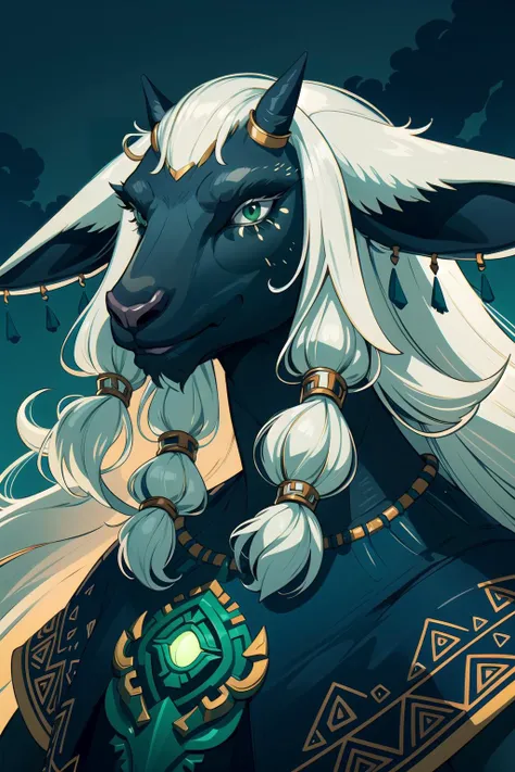 (artwork:1.2), (masterpiece illustration), imposing, 1boy, solo, (rauru), furry male, anthro goat, black skin, white hair, long hair, green eyes, big ears, (symmterical front portrait), upper body, (highly detailed:1.2), (inked art), black and green tones, unusual angle, deep shadows, contrst, cartoon, fantasy aesthetic, complex lighting, (intricate details:1.2), absurdres, (atmosphere), coherent, dark clouds
<lora:zeldaRauru:0.7>