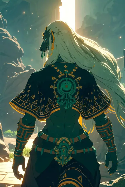 (masterpiece, best quality, ultra-detailed, immaculate:1.3), epic, illustration, botw style, from behind, walking away, imposing, 1boy, solo, (rauru), furry male, black skin, white hair, long hair, green eyes, big ears, abs, medium full shot, (highly detailed:1.2), black and green tones, deep shadows, complex lighting, (intricate details:1.2), absurdres, (atmosphere), (realistic)
<lora:zeldaRauru:0.7> <lora:botwStyleOffset:0.5>