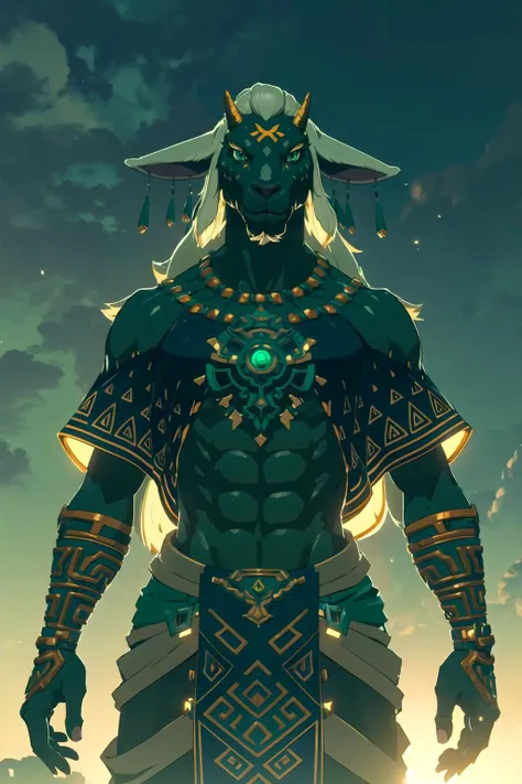 (masterpiece, best quality, ultra-detailed, immaculate:1.3), epic, illustration, botw style, imposing, 1boy, solo, (rauru), benevolent, furry male, anthro goat, black skin, white hair, long hair, green eyes, big ears, abs, medium full shot, (highly detailed:1.2), black and green tones, deep shadows, complex lighting, (intricate details:1.2), absurdres, (atmosphere), (realistic)
<lora:zeldaRauru:0.7> <lora:botwStyleOffset:0.5>
