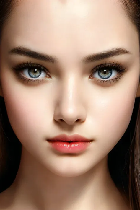 professional artistic photo, attractive female face, very elegant subtle makeup, (very extreme closeup:1.3), natural skin texture, fashion model photography, intricate details, hyper-detailed, perfect symmetrical pupils and irises, (eye contact), sexy, vibrant, warm soft studio portrait lighting, low-key, vignette