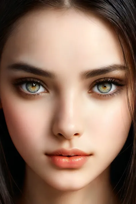 professional artistic photo, attractive female face, very elegant subtle makeup, (very extreme closeup:1.3), natural skin texture, fashion model photography, intricate details, hyper-detailed, perfect symmetrical pupils and irises, (eye contact), sexy, vibrant, warm soft studio portrait lighting, low-key, vignette