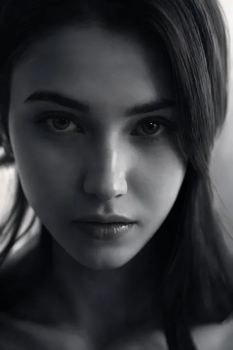 black and white photo, attractive female face, (very extreme closeup:1.25), natural skin texture, bw, monochrome