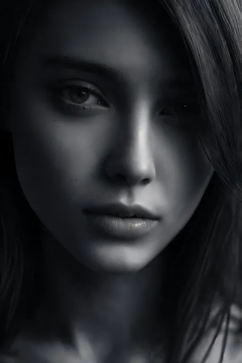 black and white photo, attractive female face, (very extreme closeup:1.25), natural skin texture, bw, monochrome