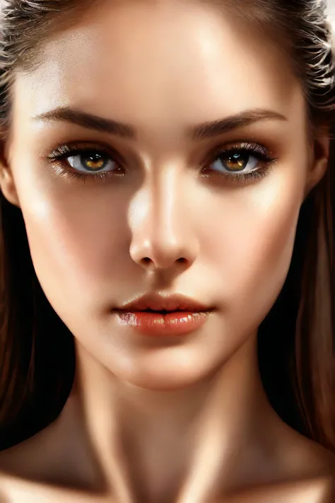 professional artistic photo, attractive female face, very elegant subtle makeup, (very extreme closeup:1.3), natural skin texture, fashion model photography, hyper-detailed, symmetrical pupils and irises, vibrant, warm soft studio portrait lighting