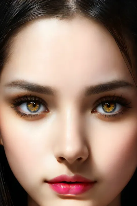 professional artistic photo, attractive female face, very elegant subtle makeup, (very extreme closeup:1.3), natural skin texture, fashion model photography, intricate details, hyper-detailed, perfect symmetrical pupils and irises, (eye contact), sexy, vibrant, warm soft studio portrait lighting, low-key, vignette