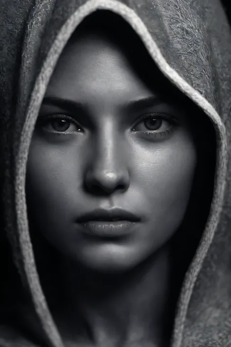 black and white photo, attractive female face, (very extreme closeup:1.25), natural skin texture, bw, monochrome