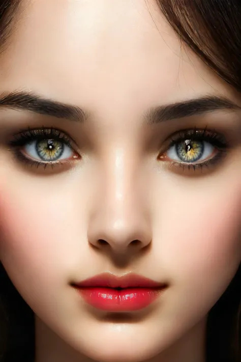 professional artistic photo, attractive female face, very elegant subtle makeup, (very extreme closeup:1.3), natural skin texture, fashion model photography, intricate details, hyper-detailed, perfect symmetrical pupils and irises, (eye contact), sexy, vibrant, warm soft studio portrait lighting, low-key, vignette