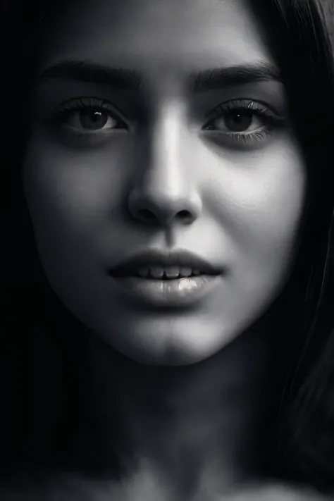 sepia monochrome photo, attractive female face, (very extreme closeup:1.25), natural skin texture