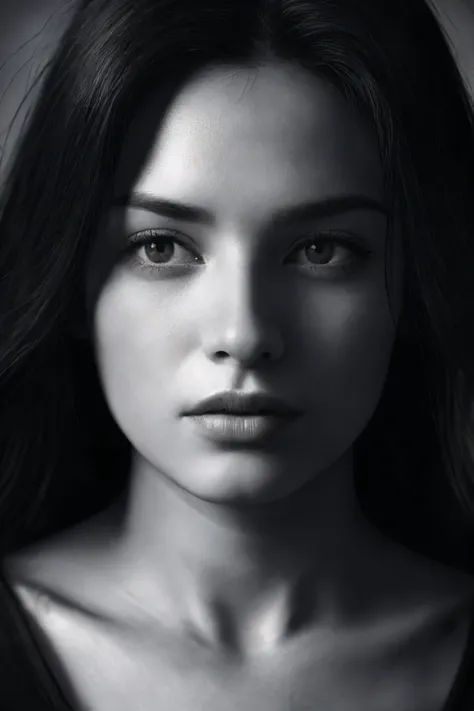 black and white photo, attractive female face, (very extreme closeup:1.25), natural skin texture, bw, monochrome