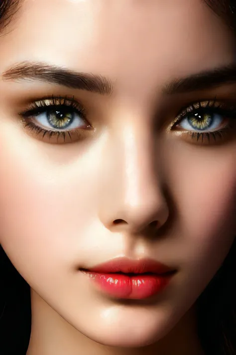 professional artistic photo, attractive female face, very elegant subtle makeup, (very extreme closeup:1.3), natural skin texture, fashion model photography, intricate details, hyper-detailed, perfect symmetrical pupils and irises, (eye contact), sexy, vibrant, warm soft studio portrait lighting, low-key, vignette