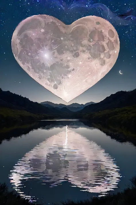 (A huge heart-shaped moon:1.25), pulsating with moonlight, spills emotion onto a velvet night. Below, mirrored hills cradle valleys of stardust, and a silver river feeds a lake reflecting the celestial heart. Whispered wishes dance as fireflies, a lone feather whispers fleeting connection, and a hidden flower blooms, a quiet testament to love's enduring bloom.