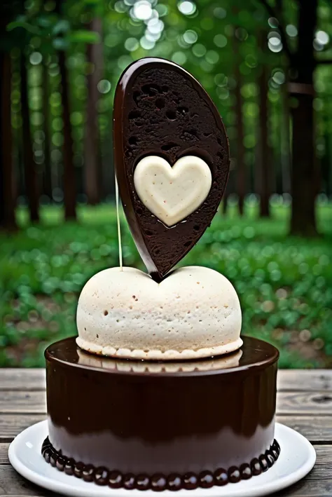 food photography, heart shaped chocolate cake, Woods, Greg rutkowski and Alphonse Mucha