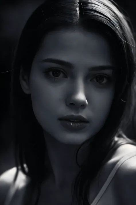 black and white photo, attractive female face, (very extreme closeup:1.25), natural skin texture, bw, monochrome